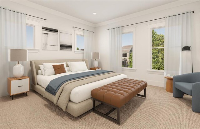 bedroom with ornamental molding and light carpet