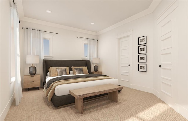 bedroom with crown molding and light carpet