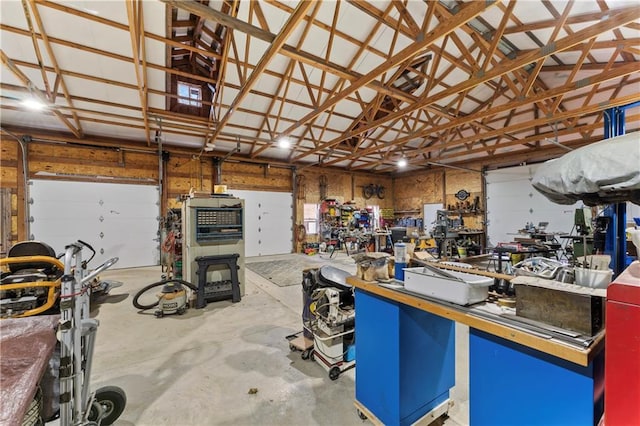 garage with a workshop area