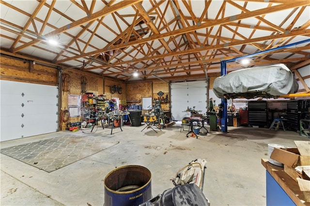 garage with a workshop area