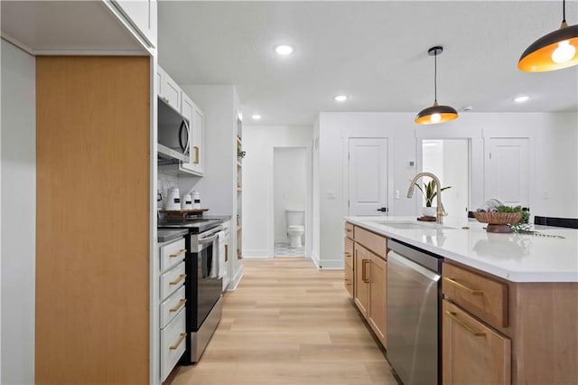 kitchen with light wood-type flooring, a sink, decorative light fixtures, recessed lighting, and stainless steel appliances