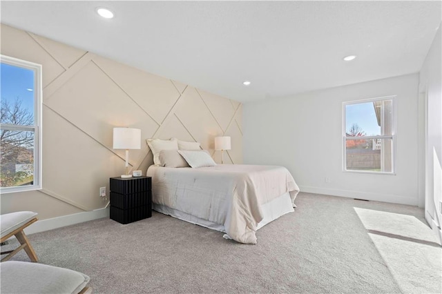 bedroom with carpet flooring, recessed lighting, and baseboards