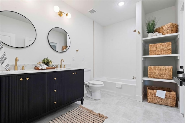 bathroom with visible vents, tub / shower combination, toilet, double vanity, and a sink