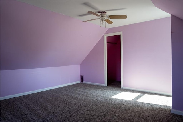 bonus room featuring ceiling fan, lofted ceiling, and carpet floors