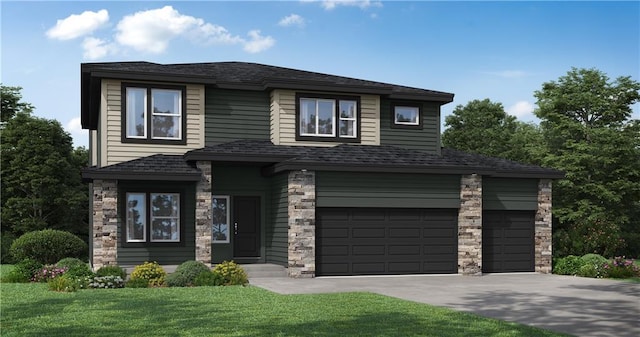 view of front of house featuring a garage and a front lawn