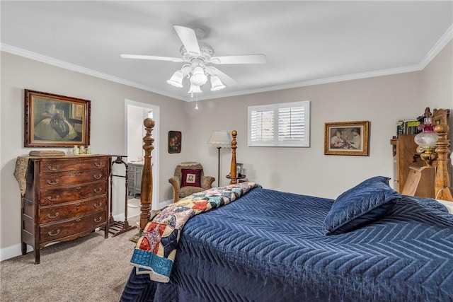 bedroom with ceiling fan, crown molding, and carpet