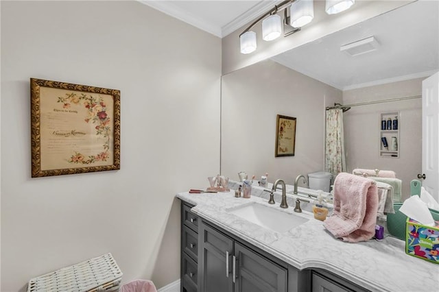 bathroom featuring a shower with shower curtain, vanity, toilet, and ornamental molding