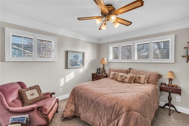 carpeted bedroom featuring ceiling fan, crown molding, and multiple windows