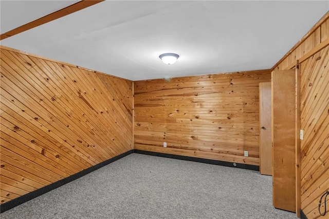 unfurnished room featuring carpet floors and wood walls