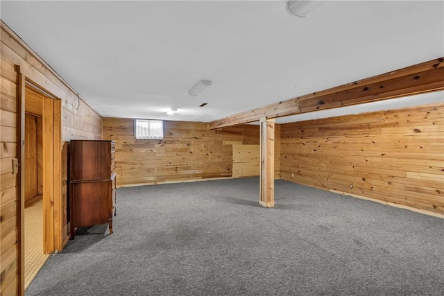 basement with dark carpet and wooden walls