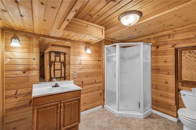 bathroom with vanity, wooden ceiling, an enclosed shower, and wooden walls