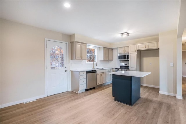 kitchen featuring sink, a center island, light hardwood / wood-style flooring, appliances with stainless steel finishes, and backsplash