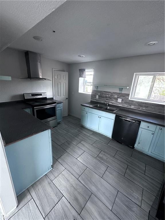 kitchen with sink, wall chimney range hood, white cabinets, black dishwasher, and stainless steel electric range oven