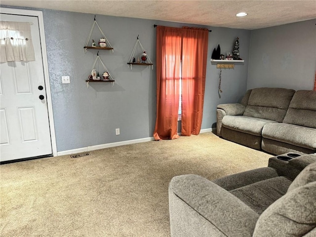 living room with carpet flooring and a textured ceiling