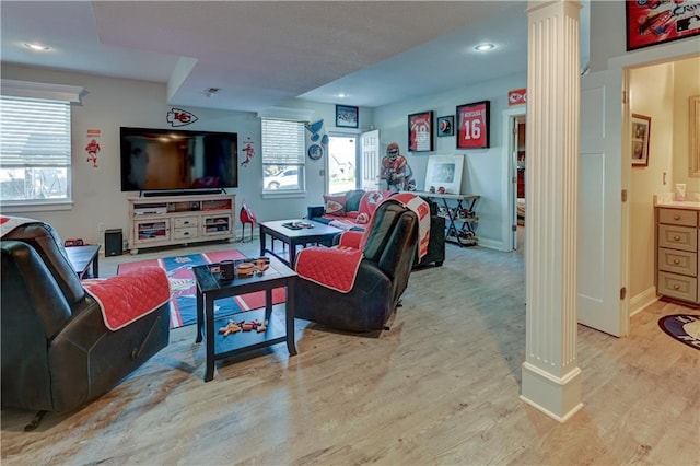 living room with light wood-type flooring and ornate columns