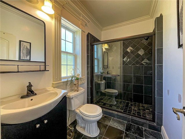 bathroom with crown molding, vanity, an enclosed shower, and toilet