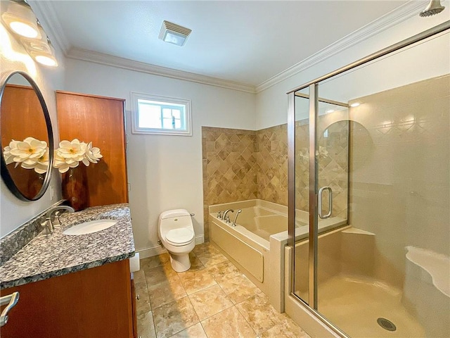 full bathroom with separate shower and tub, toilet, vanity, and ornamental molding