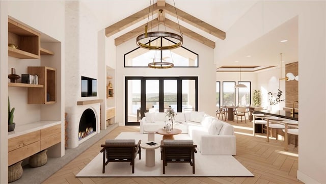 living room with a fireplace, light parquet flooring, beamed ceiling, and high vaulted ceiling