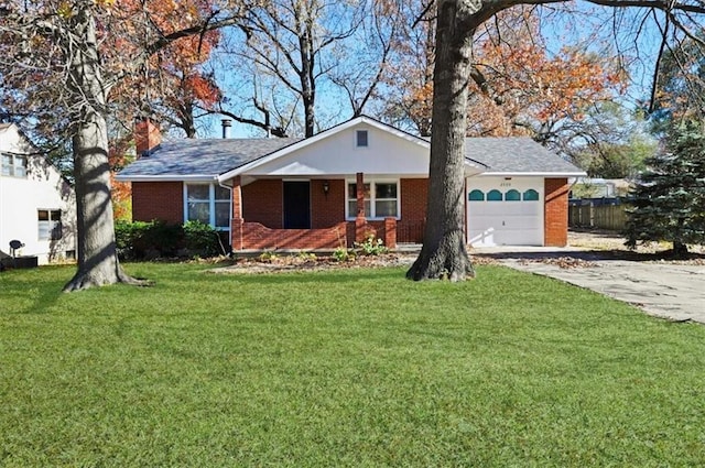 ranch-style home featuring a porch, a front yard, and a garage