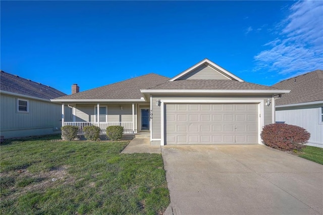 ranch-style home featuring a porch, a garage, and a front lawn