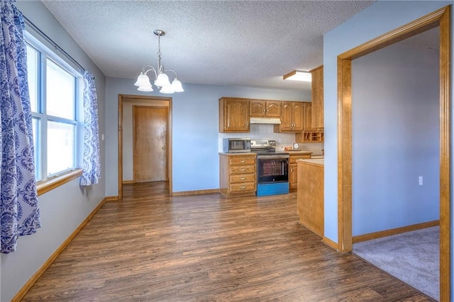 kitchen featuring pendant lighting, dark hardwood / wood-style floors, stainless steel appliances, and a notable chandelier