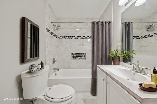 full bathroom featuring shower / tub combo, vanity, and toilet