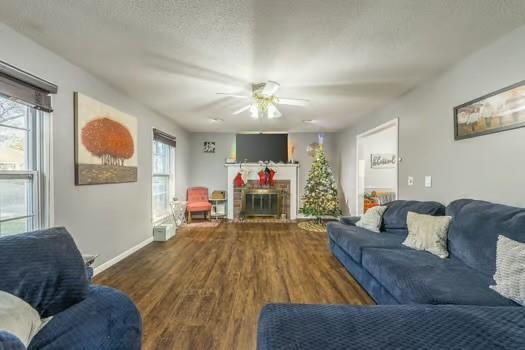 living room featuring wood-type flooring, a textured ceiling, and ceiling fan