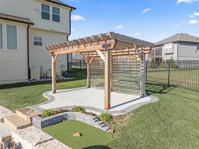 view of property's community featuring a lawn, a patio area, and a pergola