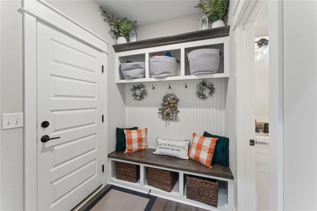 mudroom with dark hardwood / wood-style floors