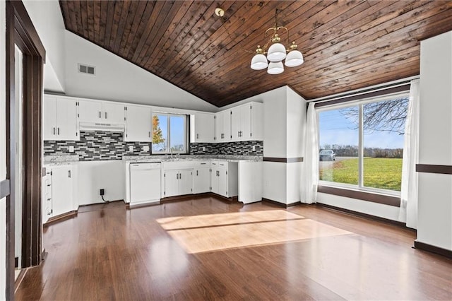 kitchen with dishwasher, vaulted ceiling, decorative light fixtures, white cabinetry, and wood ceiling