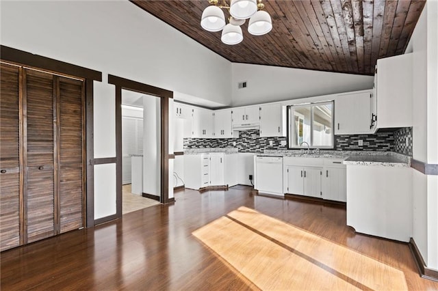 kitchen with white cabinetry, wooden ceiling, an inviting chandelier, high vaulted ceiling, and white dishwasher