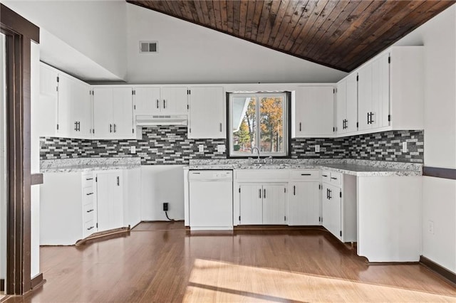 kitchen featuring dishwasher, sink, light hardwood / wood-style flooring, white cabinets, and wood ceiling