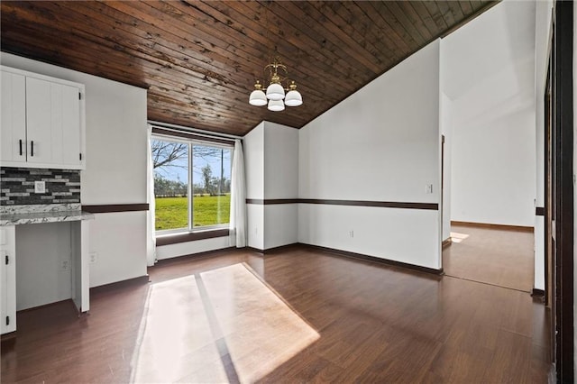 unfurnished dining area with dark hardwood / wood-style flooring, lofted ceiling, a notable chandelier, and wood ceiling