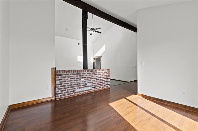 unfurnished living room featuring vaulted ceiling with beams, ceiling fan, and dark wood-type flooring