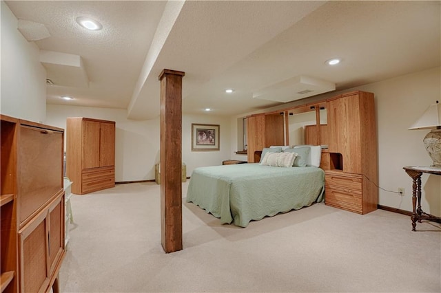 bedroom with light colored carpet