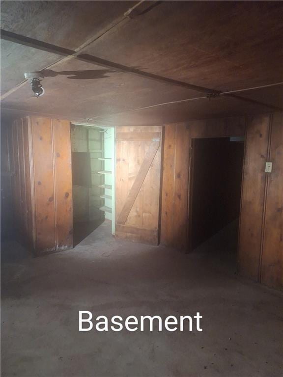 basement featuring wood walls