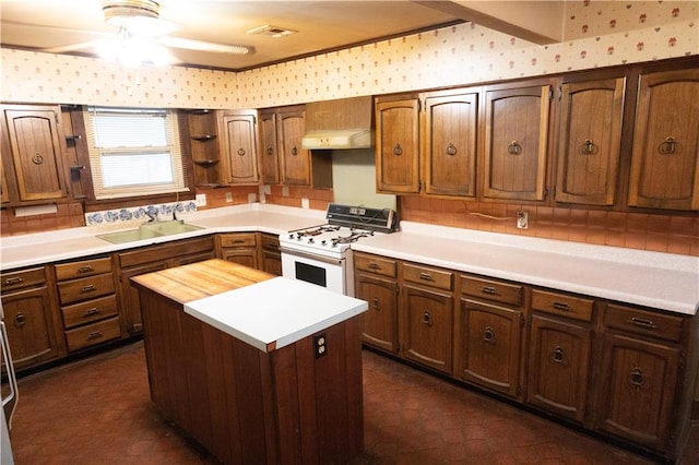 kitchen featuring exhaust hood, white stove, and sink