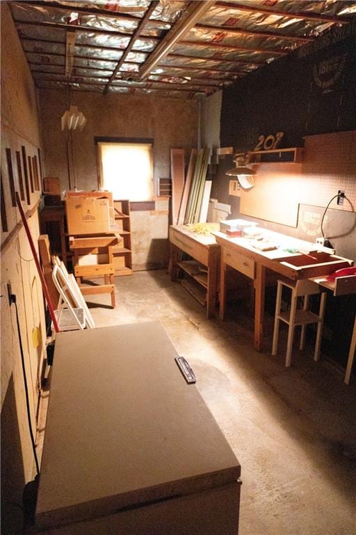 basement with a workshop area