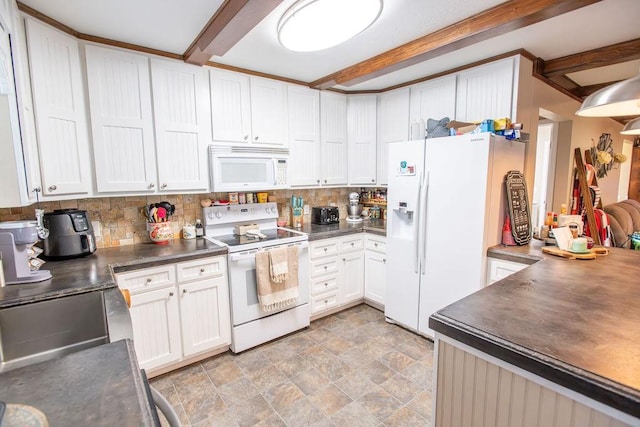 kitchen featuring backsplash, beamed ceiling, white cabinets, and white appliances