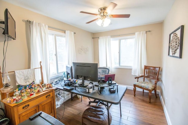 home office featuring ceiling fan and wood-type flooring