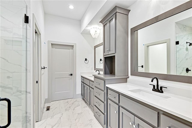 13465 W 174th Pl, Overland Park, KS 66221 - bathroom with marble finish floors, double vanity, a marble finish shower, and recessed lighting