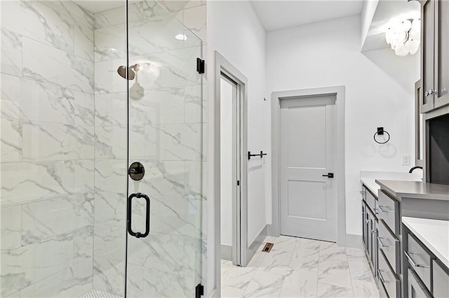 13465 W 174th Pl, Overland Park, KS 66221 - full bathroom with marble finish flooring, a stall shower, and vanity