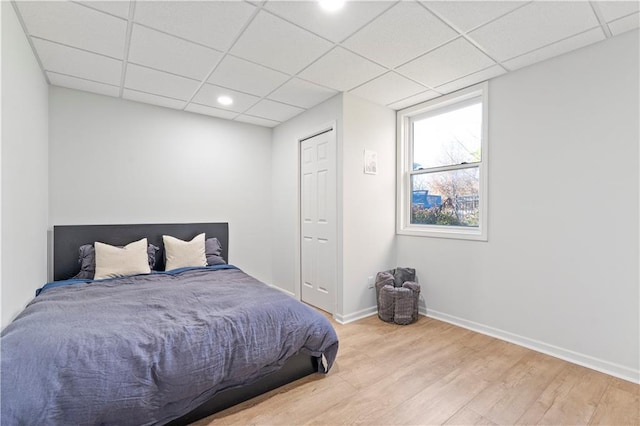 bedroom with a paneled ceiling and light hardwood / wood-style floors