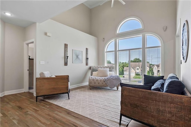 living area with hardwood / wood-style floors and a high ceiling