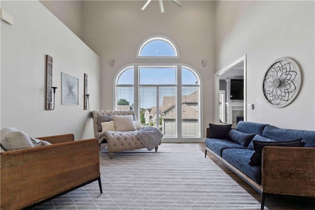 living room with a high ceiling