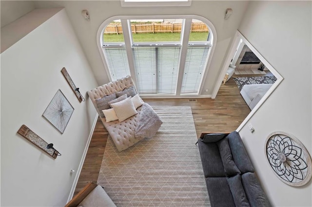 living room with plenty of natural light and light hardwood / wood-style flooring