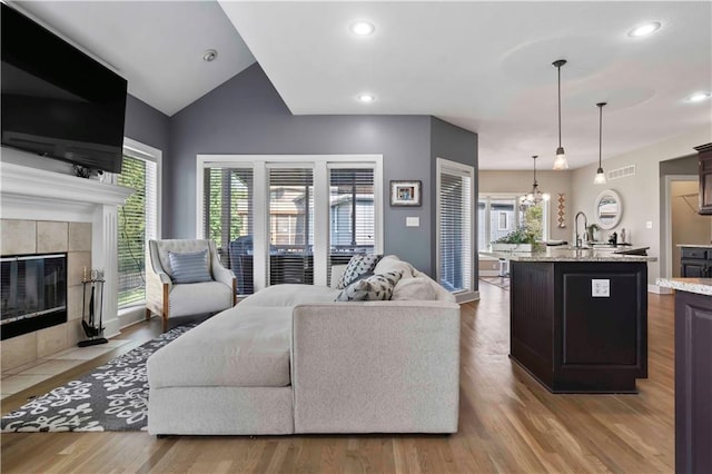 living room featuring plenty of natural light, light hardwood / wood-style floors, and vaulted ceiling