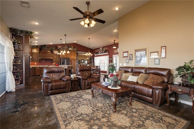 living room featuring ceiling fan with notable chandelier and high vaulted ceiling