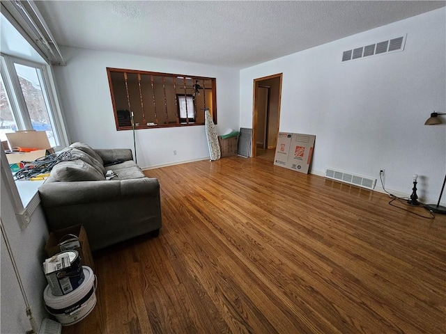 living room with a textured ceiling and hardwood / wood-style flooring