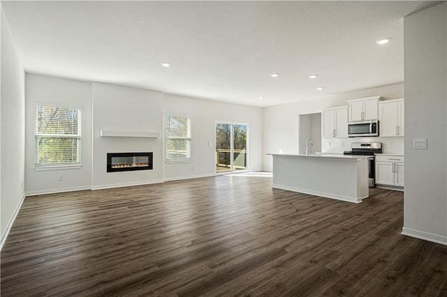 unfurnished living room with dark hardwood / wood-style floors and sink